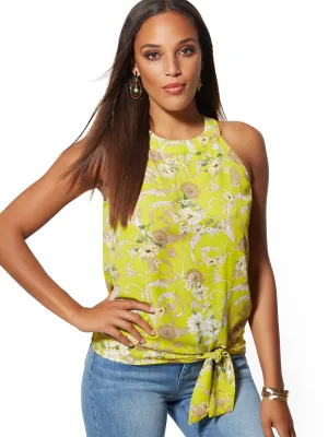 Mixed-Print Tie-Front Halter Blouse