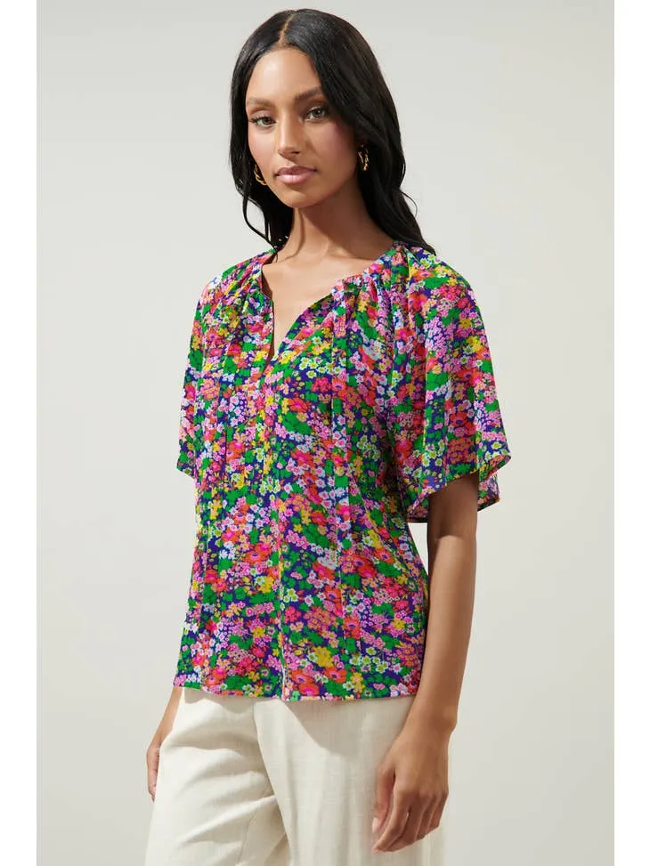 Mountain Spring Raglan Tie Neck Blouse