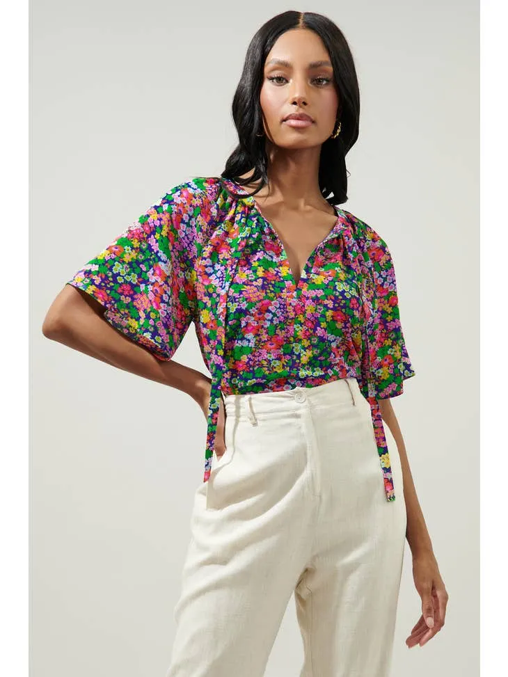 Mountain Spring Raglan Tie Neck Blouse
