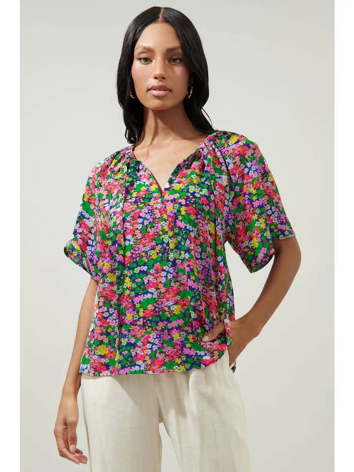 Mountain Spring Raglan Tie Neck Blouse