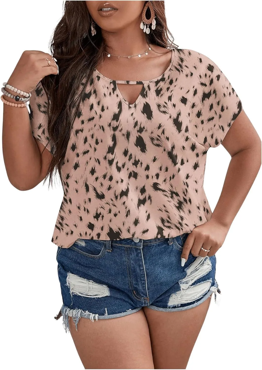 SOLY HUX Plus Size Blouses for Curvy Women Cute Boho Print Shirts V Neck Casual Summer Blouses T-Shirts Tops