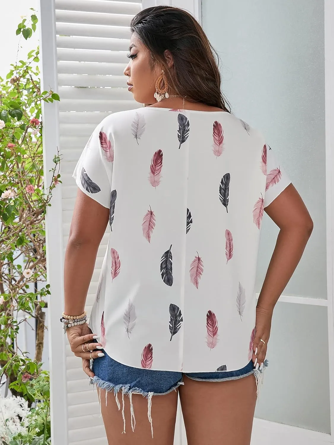 SOLY HUX Plus Size Blouses for Curvy Women Cute Boho Print Shirts V Neck Casual Summer Blouses T-Shirts Tops