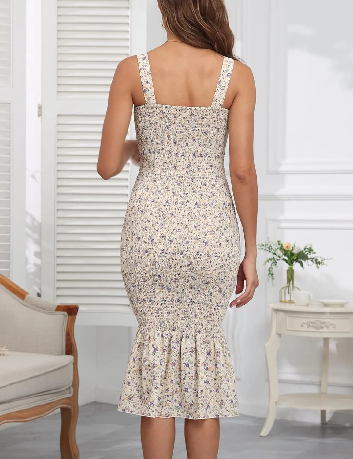 Summer Tank Maternity Dress Sleeveless Strappy Floral Midi Bodycon Square Neck Ruffle Mermaid Smocked Dress for Baby Shower