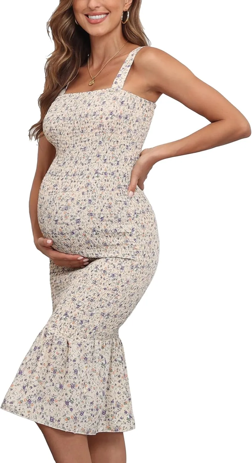 Summer Tank Maternity Dress Sleeveless Strappy Floral Midi Bodycon Square Neck Ruffle Mermaid Smocked Dress for Baby Shower