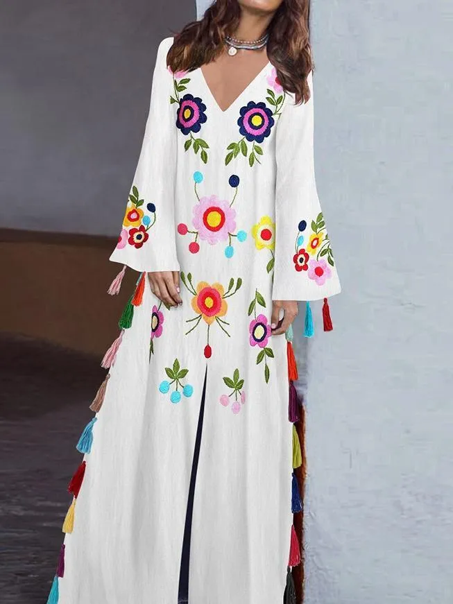Vintage print v-neck long dress