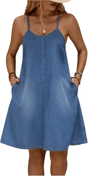 WDIRARA Women's Sleeveless Denim Cami Dress Scoop Neck Mini Dresses with Slant Pockets