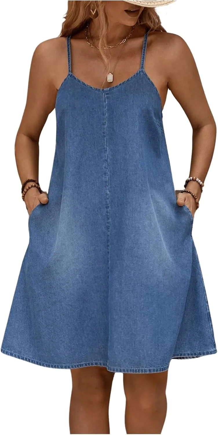 WDIRARA Women's Sleeveless Denim Cami Dress Scoop Neck Mini Dresses with Slant Pockets