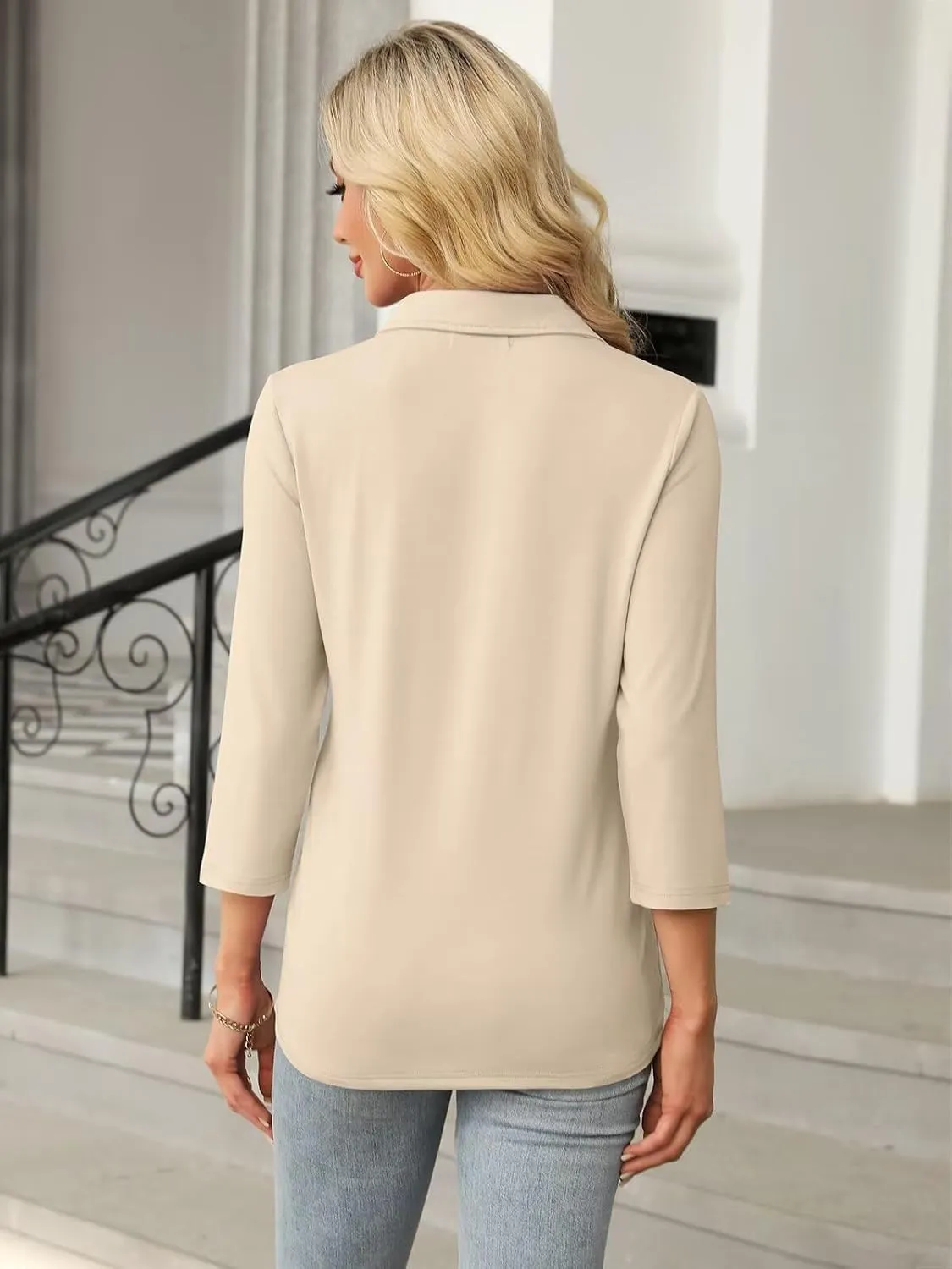 Women's 3/4 Sleeve Tops V Neck T Shirts Zipper Solid/Color Block Collared Polo Shirts