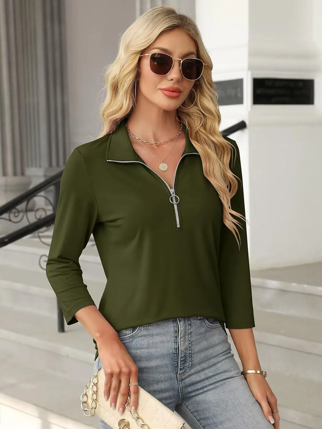 Women's 3/4 Sleeve Tops V Neck T Shirts Zipper Solid/Color Block Collared Polo Shirts
