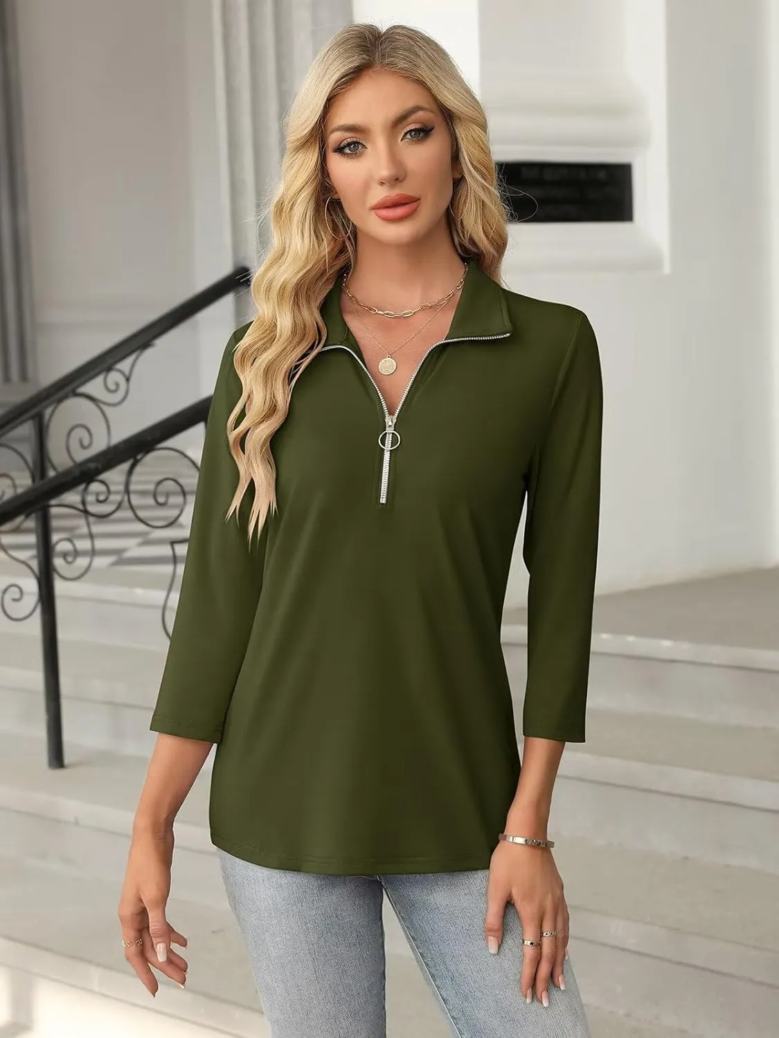 Women's 3/4 Sleeve Tops V Neck T Shirts Zipper Solid/Color Block Collared Polo Shirts