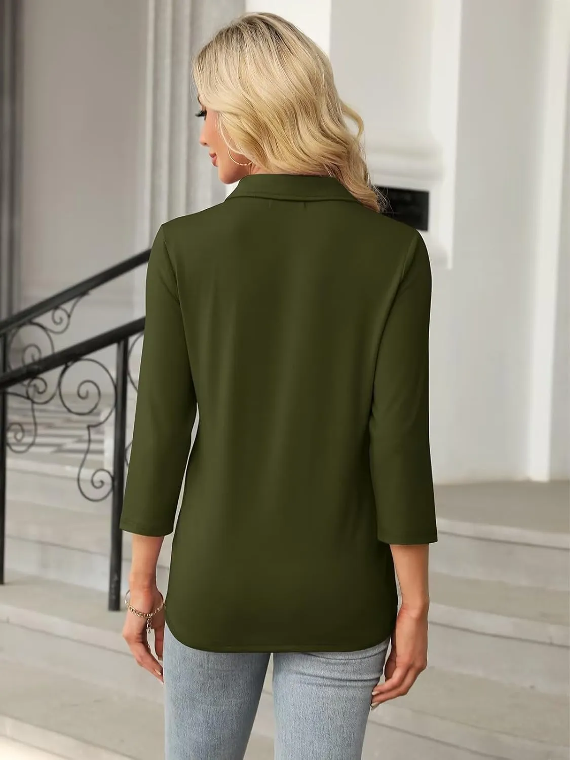 Women's 3/4 Sleeve Tops V Neck T Shirts Zipper Solid/Color Block Collared Polo Shirts
