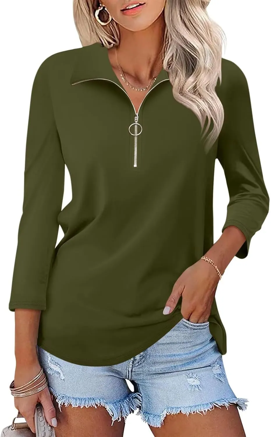 Women's 3/4 Sleeve Tops V Neck T Shirts Zipper Solid/Color Block Collared Polo Shirts