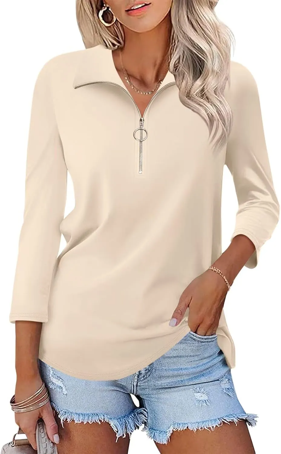 Women's 3/4 Sleeve Tops V Neck T Shirts Zipper Solid/Color Block Collared Polo Shirts