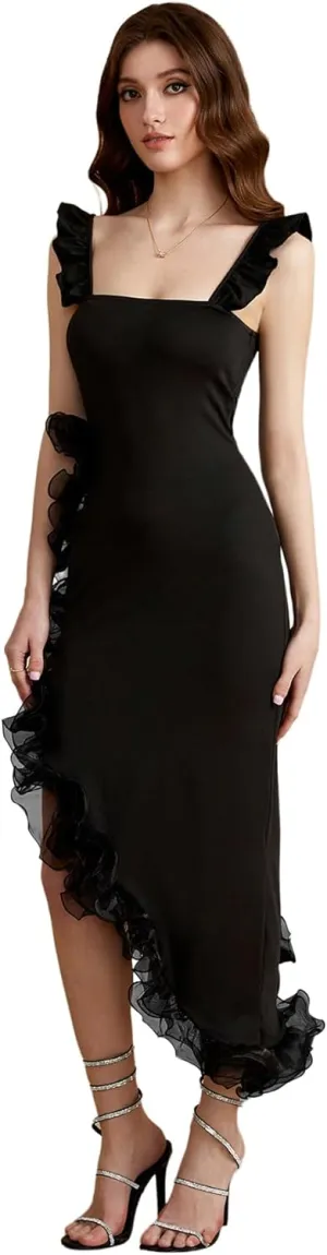 Women's Ruffle Asymmetrical Hem Dress Square Neck Sleeveless Bodycon Midi Dresses