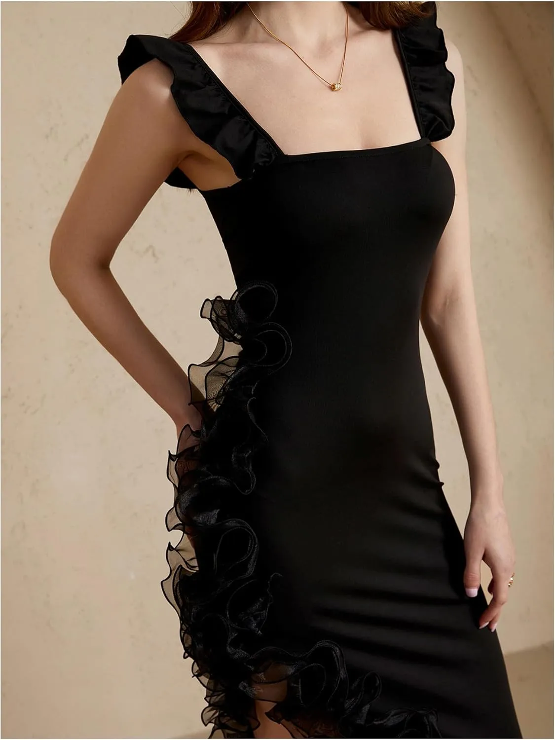 Women's Ruffle Asymmetrical Hem Dress Square Neck Sleeveless Bodycon Midi Dresses