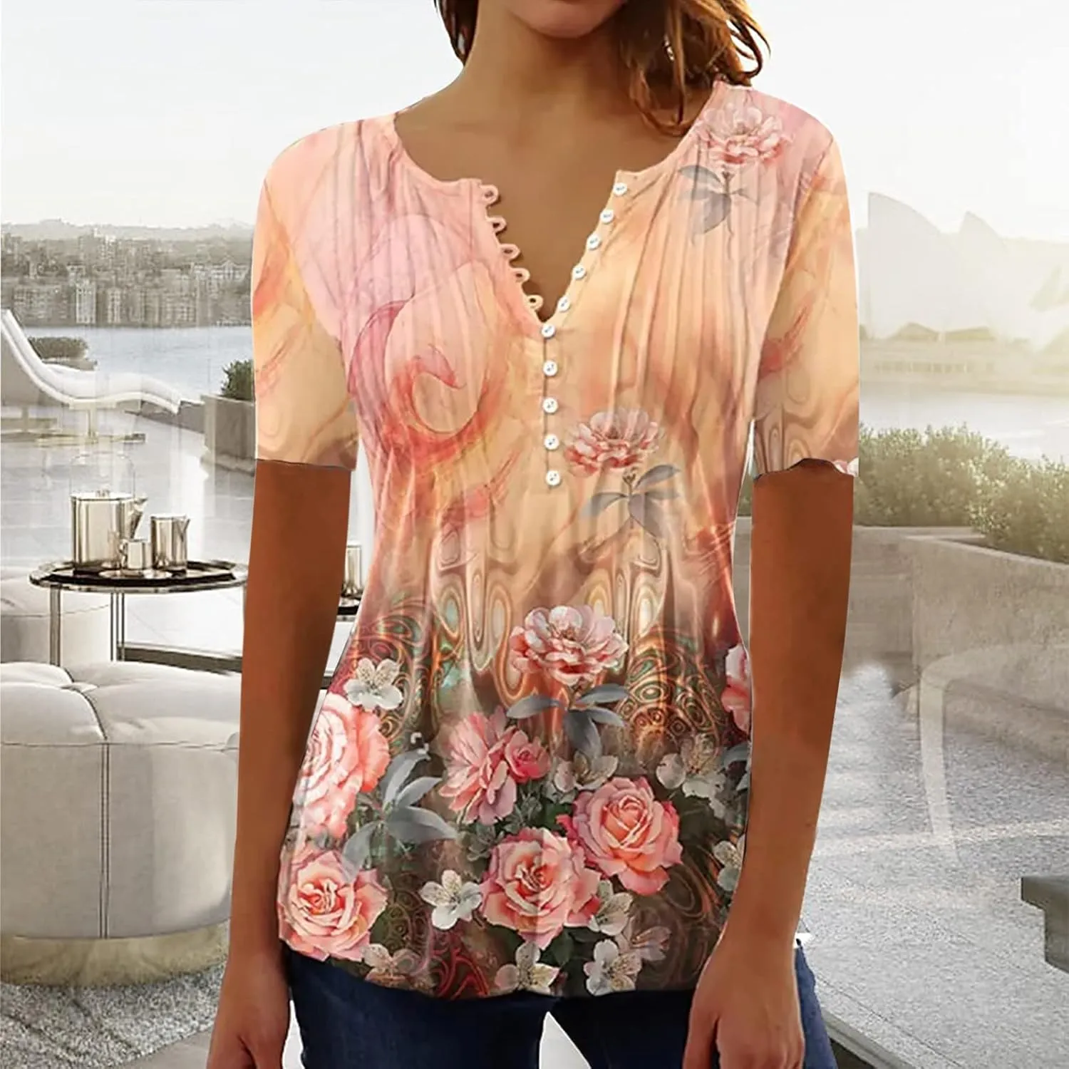 Womens Summer Tops 2025 Dressy Casual Short Sleeve Button V Neck T Shirts Trendy Cute Printed Tees Tunic Blouses