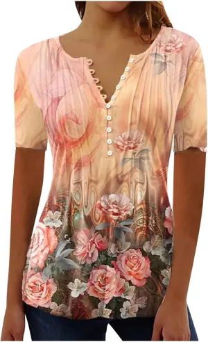 Womens Summer Tops 2025 Dressy Casual Short Sleeve Button V Neck T Shirts Trendy Cute Printed Tees Tunic Blouses